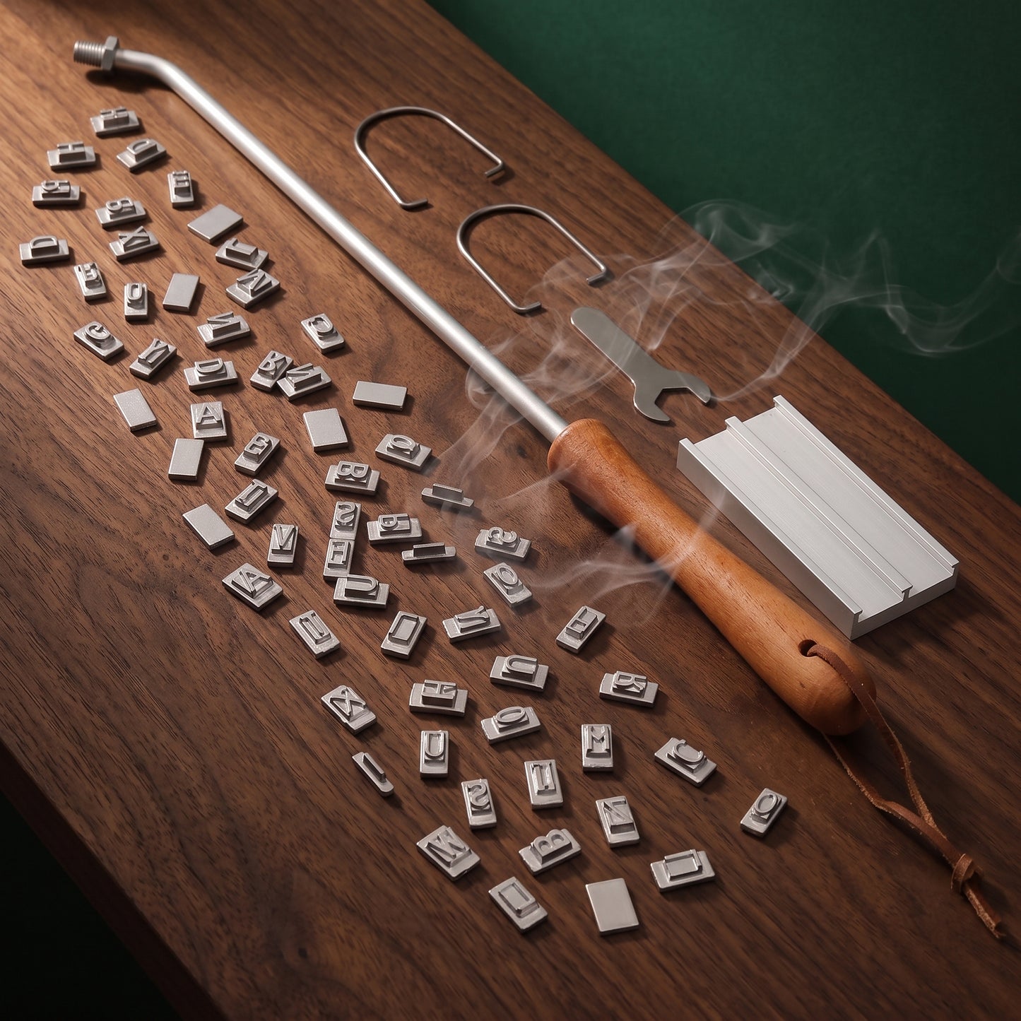 Signature BBQ branding iron kit with 55 letters on a walnut table, Big Ron BBQ catalog
