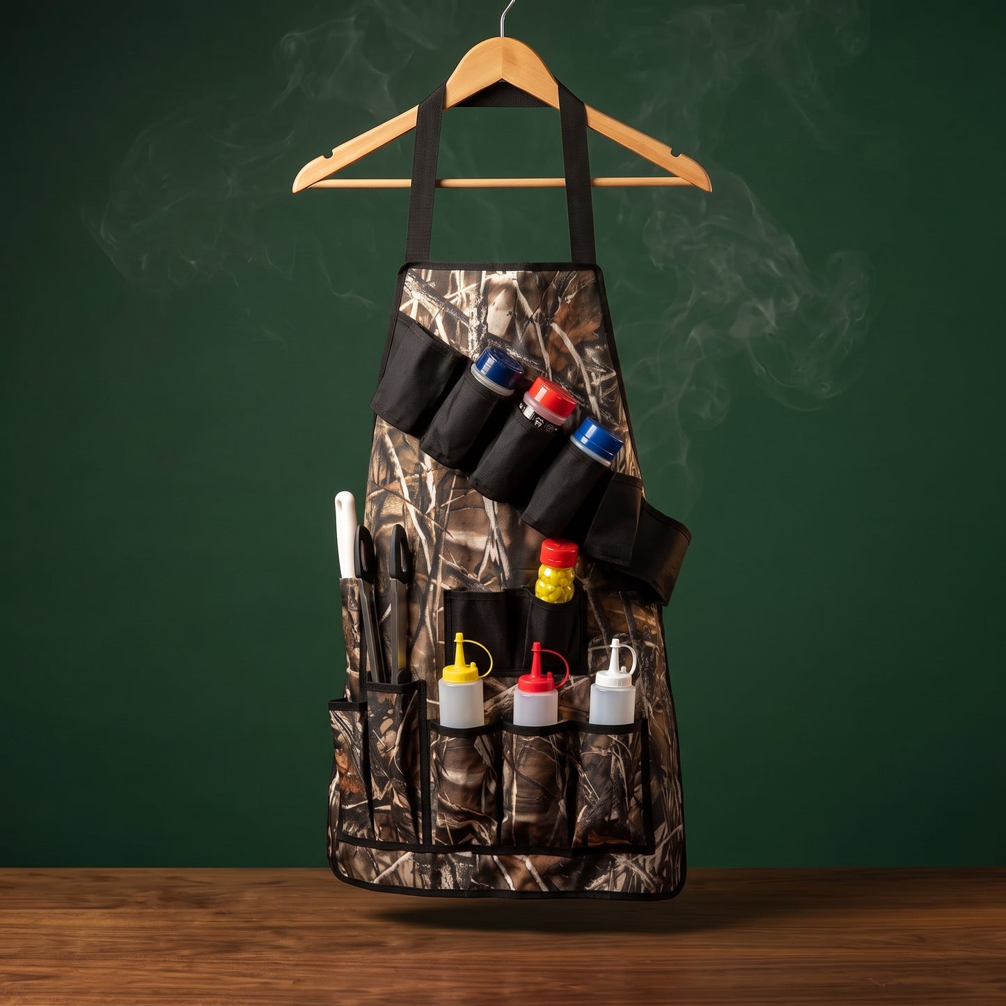 Operator camo utility apron with pockets on a wooden hanger, Big Ron BBQ catalog