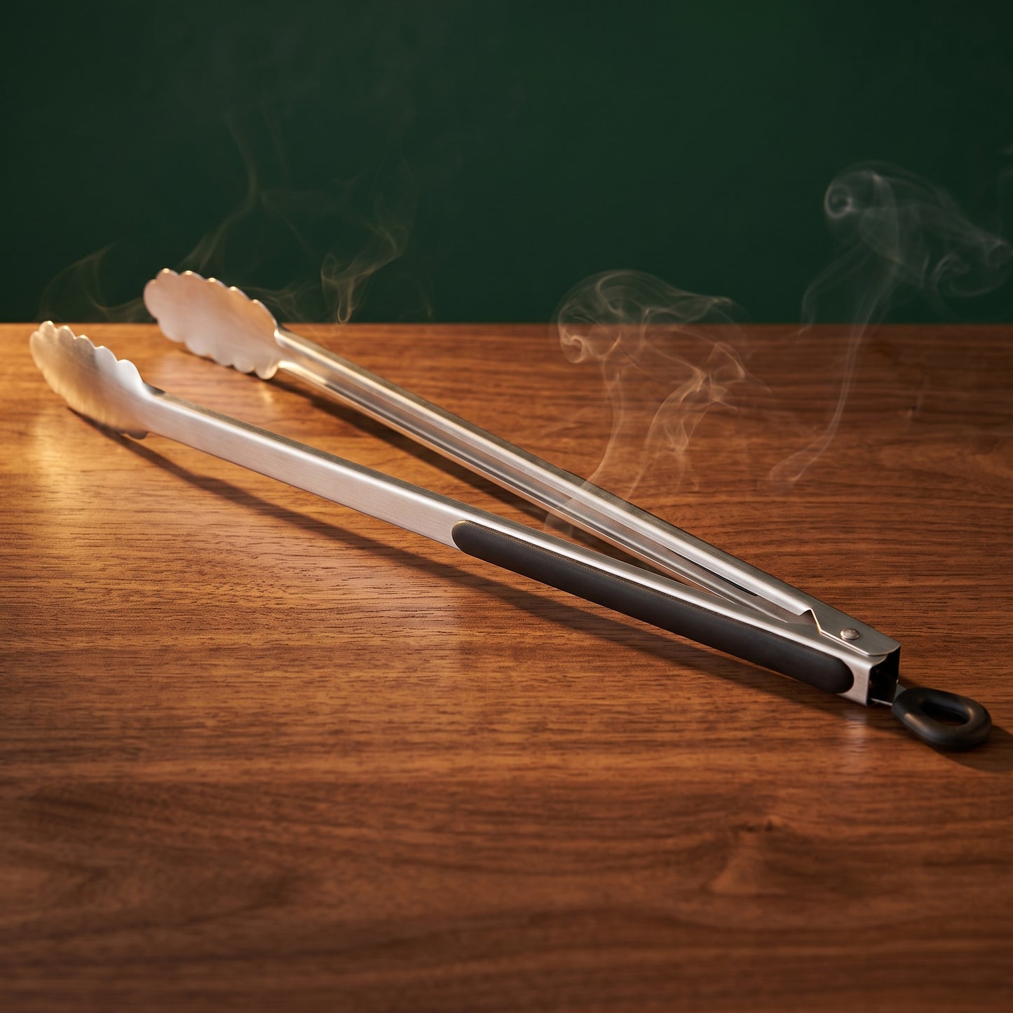 Long Arm locking grill tongs on a walnut table, Big Ron BBQ catalog