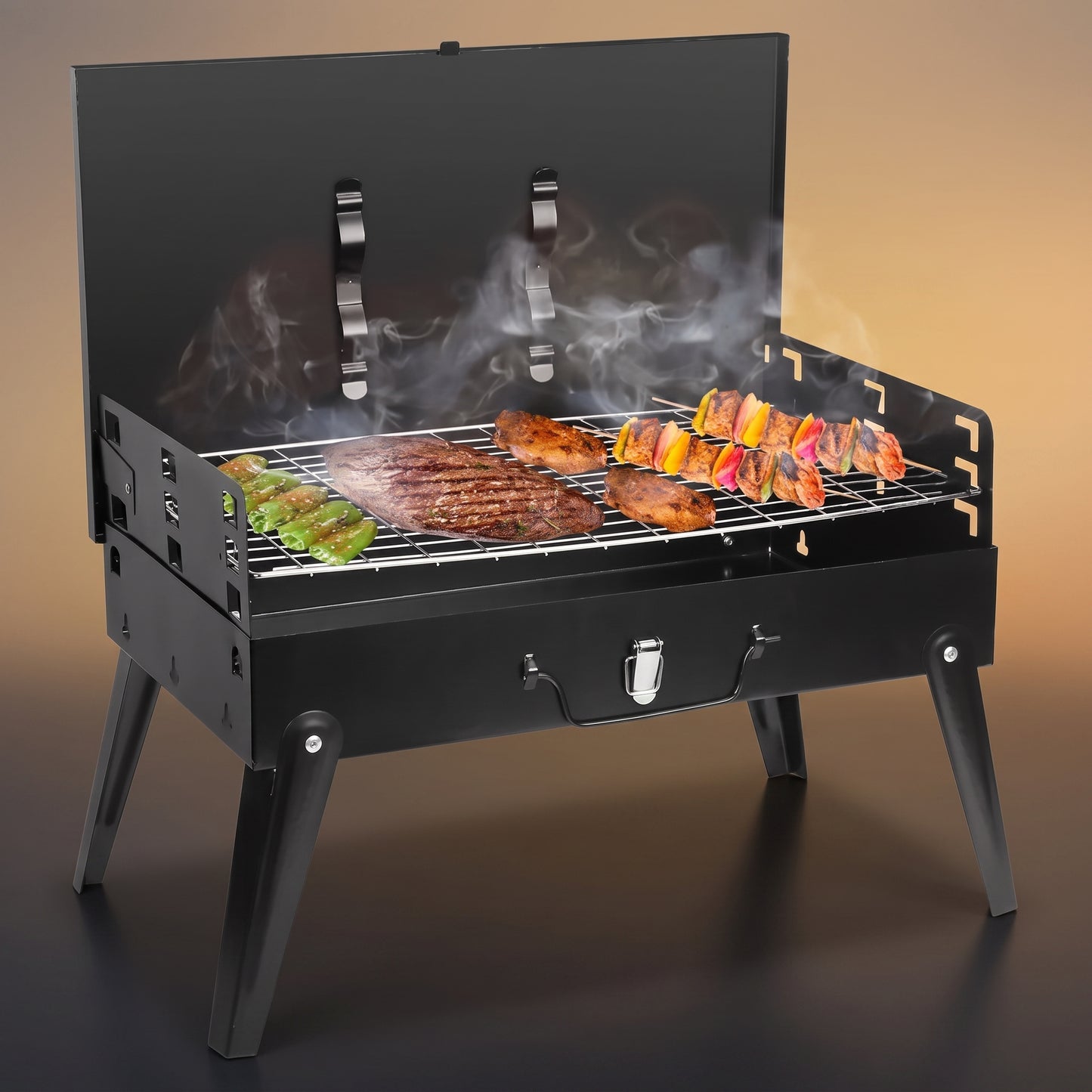 The Briefcase grill closed and latched with carry handle