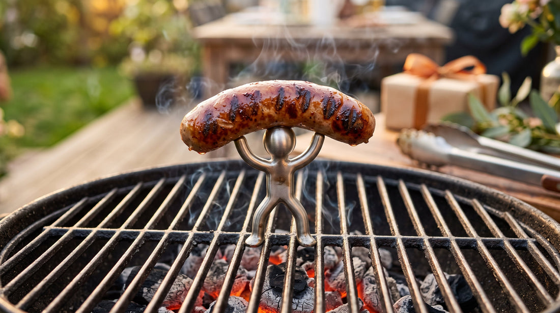 Big Ron stainless steel little-man sausage holder standing on a charcoal grill, holding a grilled bratwurst overhead like a trophy, with a wrapped gift box in the background