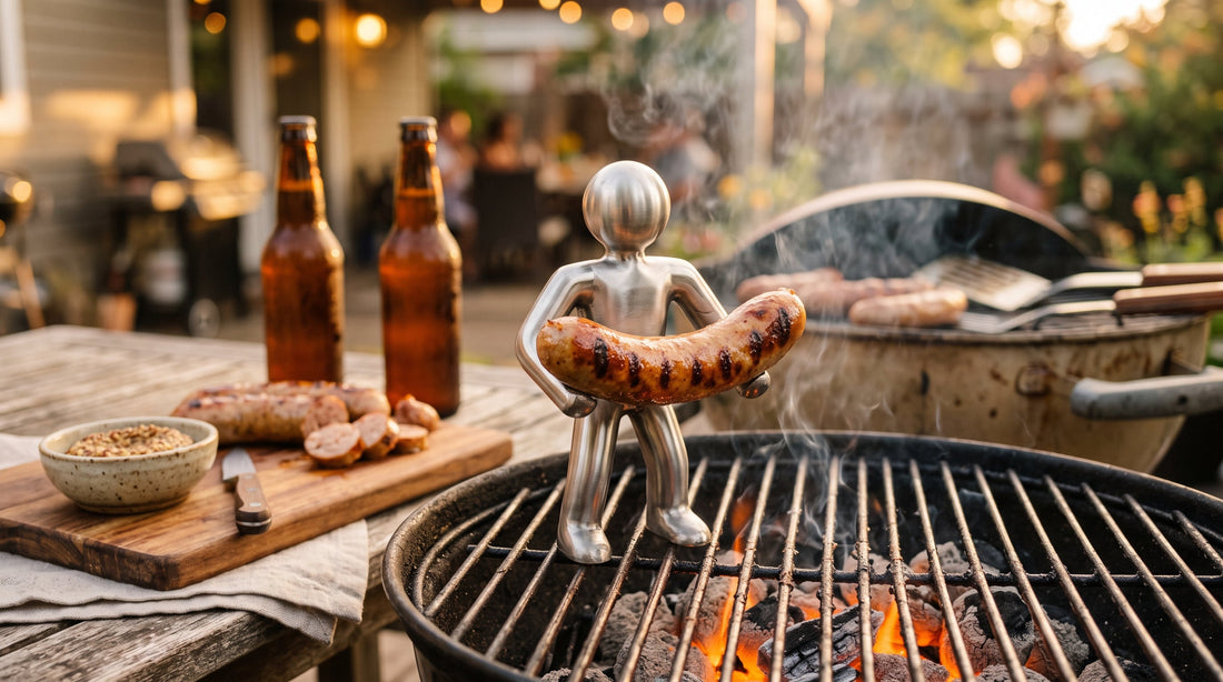 Big Ron stainless steel little-man sausage holder standing on a charcoal grill holding a bratwurst, with craft beers and grilled sausages nearby, a grill-themed groomsmen gift scene in warm golden light
