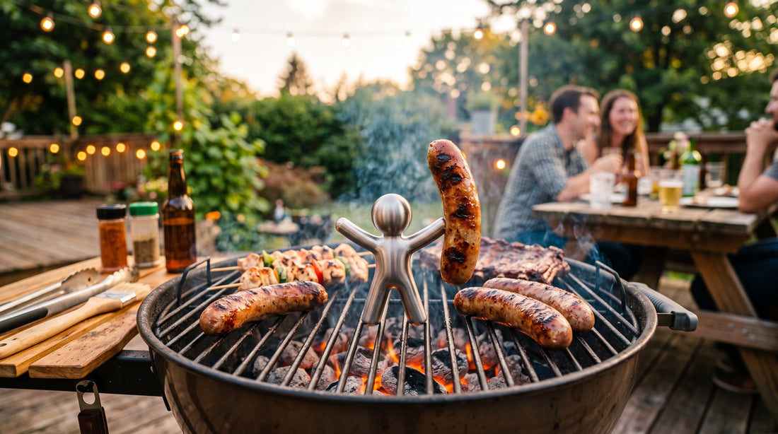 Big Ron the stainless steel sausage holder standing on a backyard charcoal grill holding a grilled bratwurst, surrounded by sizzling sausages and kebabs