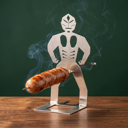 Big Ron Heavy-Duty stainless steel sausage holder over the grill with smoke