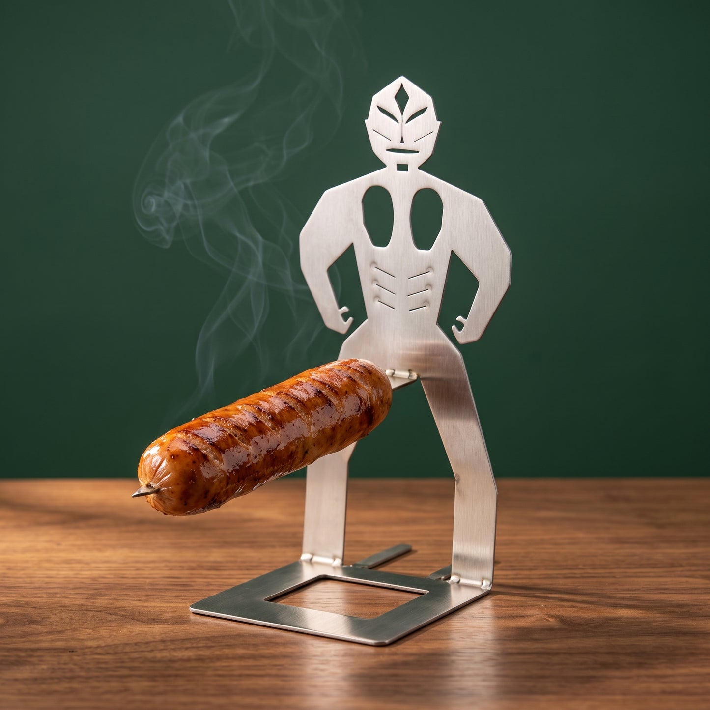Big Ron Heavy-Duty stainless steel sausage holder with a grilled sausage