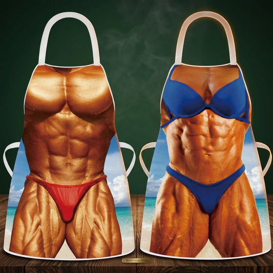 Power Couple his and hers aprons on a walnut table, Big Ron BBQ catalog