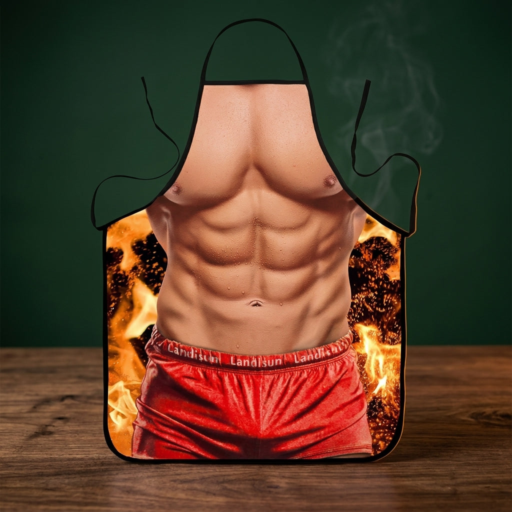 Six Pack muscle apron on a walnut table, Big Ron BBQ catalog