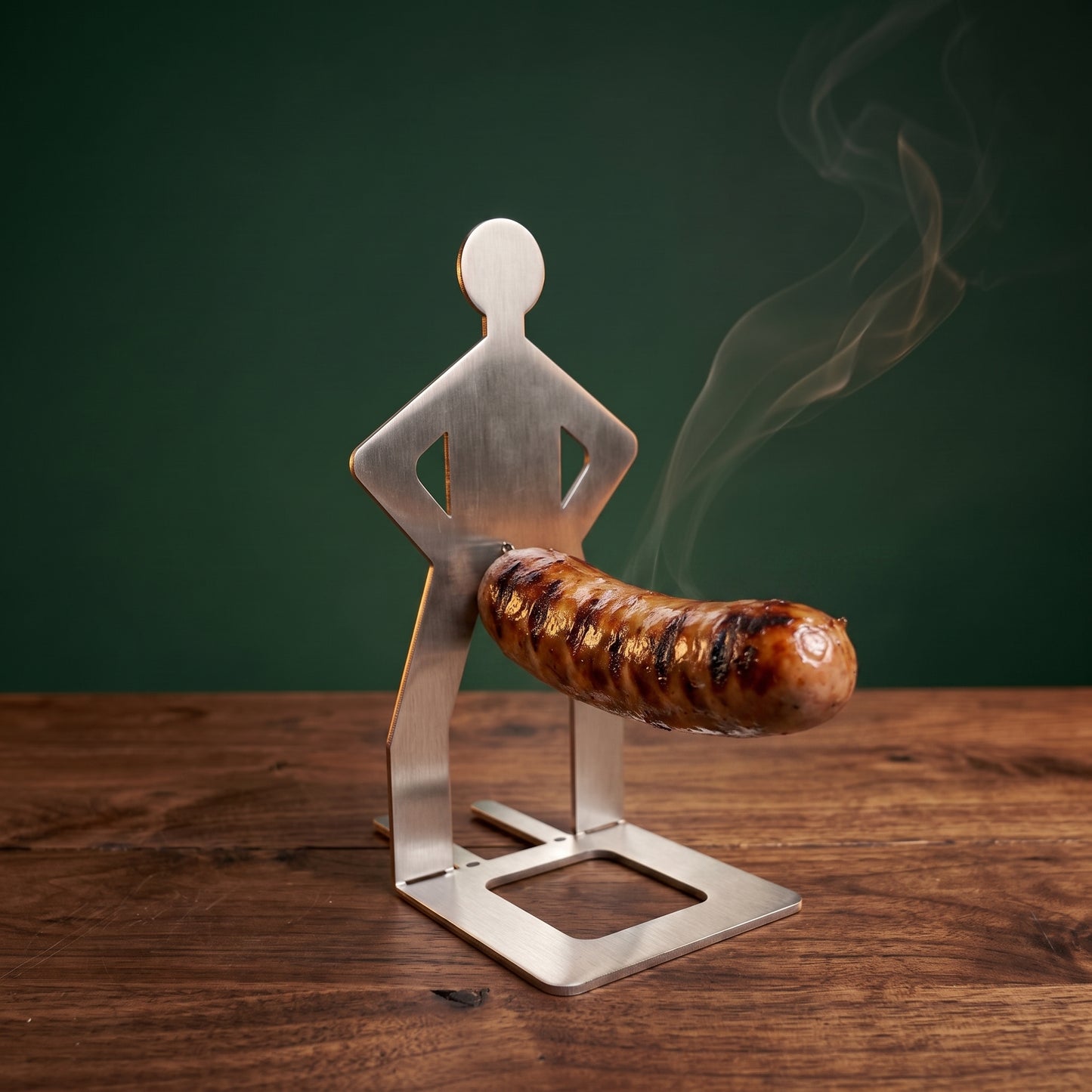 Big Ron stainless steel sausage holder with a grilled bratwurst on his hook, walnut table