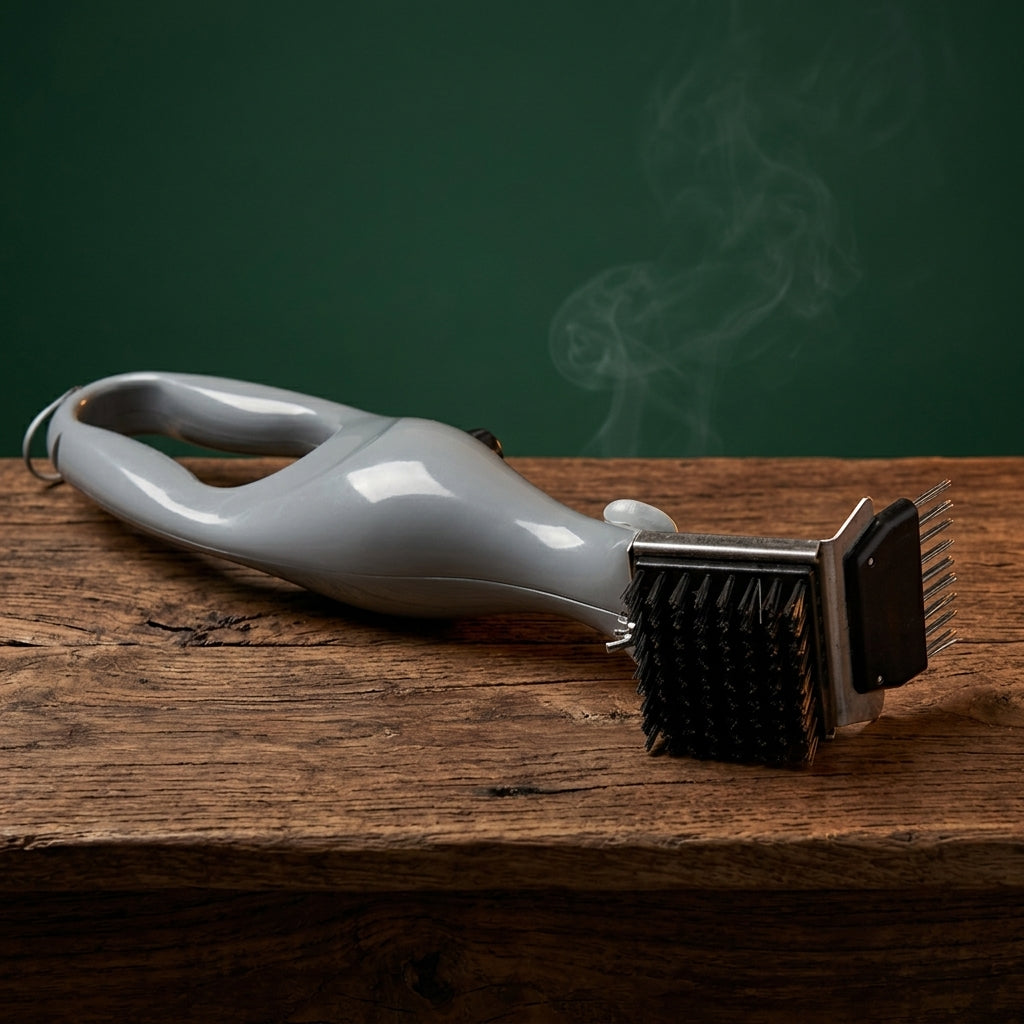 Cleanup Crew grill brush on a walnut table, Big Ron BBQ catalog