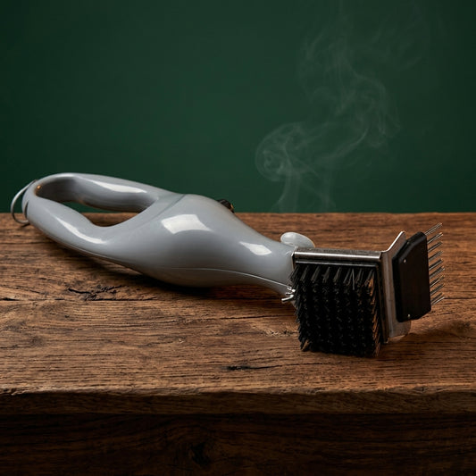 Cleanup Crew grill brush on a walnut table, Big Ron BBQ catalog