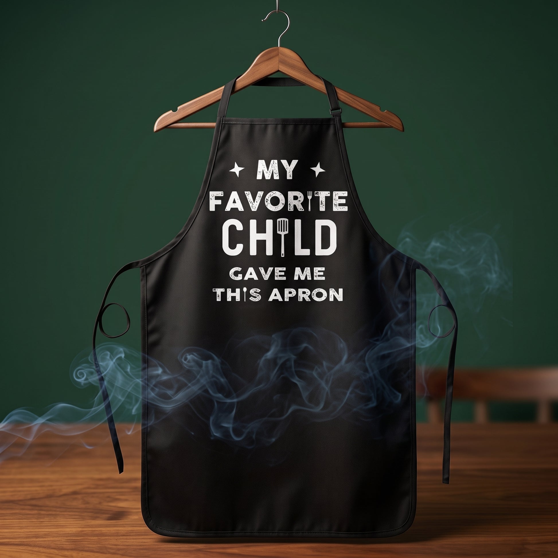 Favorite Child novelty grill apron on a wooden hanger, Big Ron BBQ catalog