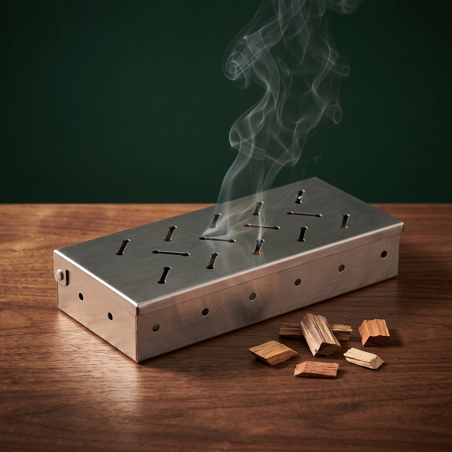 Firebox stainless smoker box with wood chips and smoke on a walnut table, Big Ron BBQ catalog