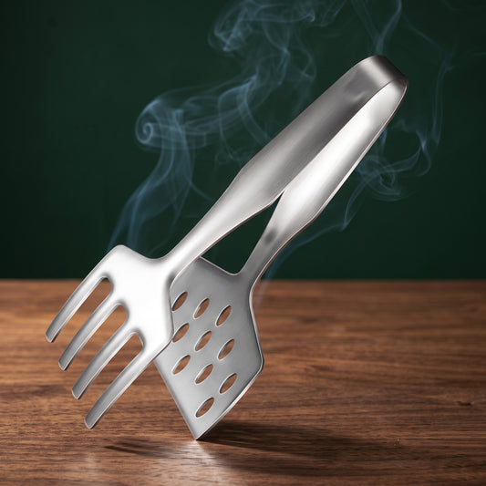 Flipper 2 in 1 spatula tongs on a walnut table, Big Ron BBQ catalog