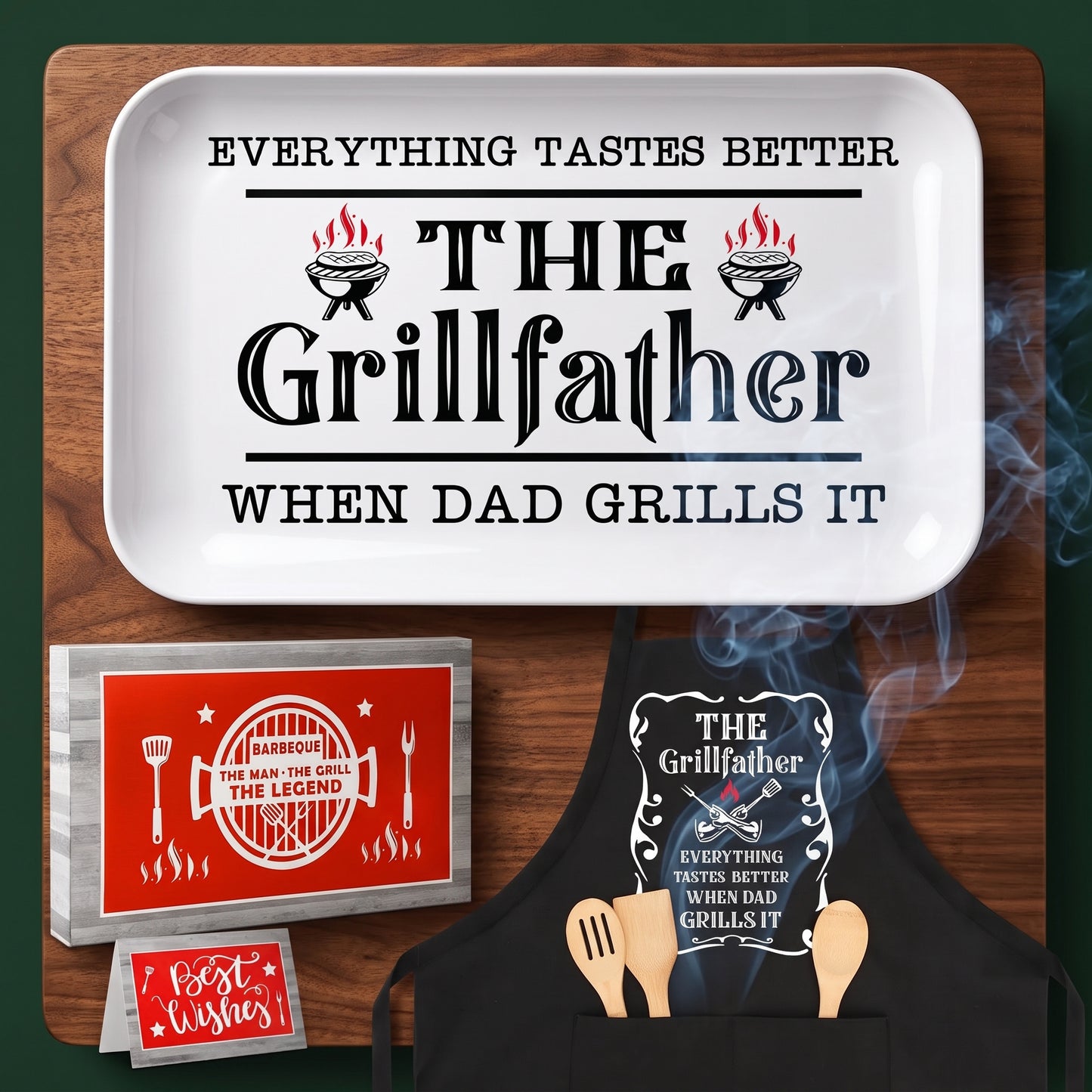 The Grillfather platter and apron gift set flat lay on a walnut table, Big Ron BBQ catalog