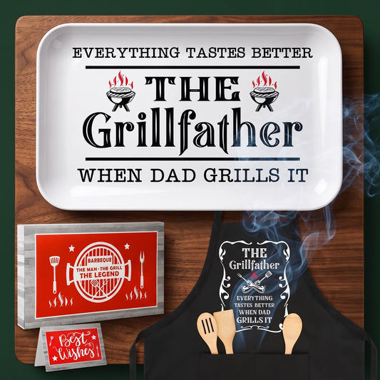 The Grillfather platter and apron gift set flat lay on a walnut table, Big Ron BBQ catalog