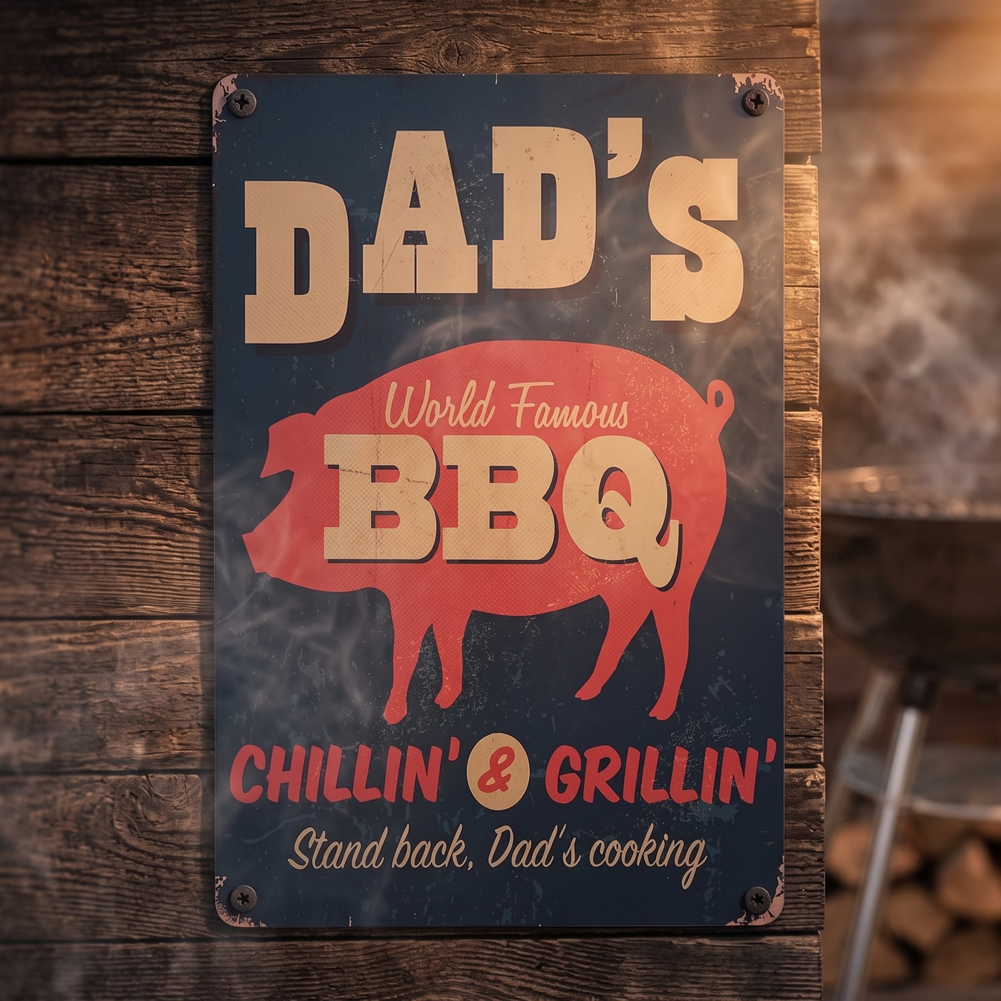 Homestead vintage BBQ Zone metal sign mounted on a wood plank wall, Big Ron BBQ catalog