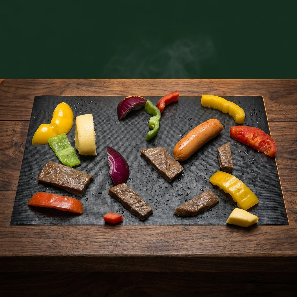 Groundskeeper non-stick grill mat on a walnut table, Big Ron BBQ catalog
