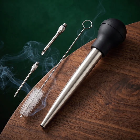 Medic baster and injector kit flat lay on a walnut table, Big Ron BBQ catalog