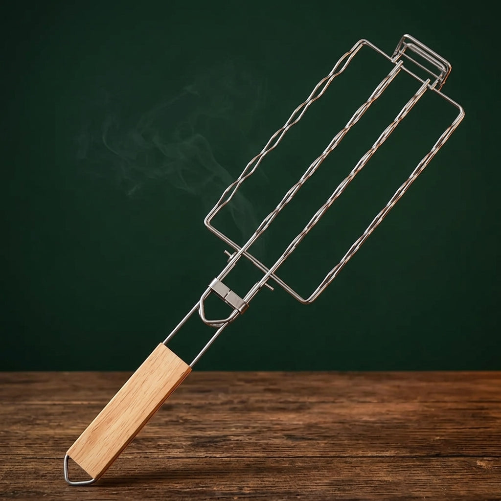 Crew Net sausage grilling basket on a walnut table, Big Ron BBQ catalog