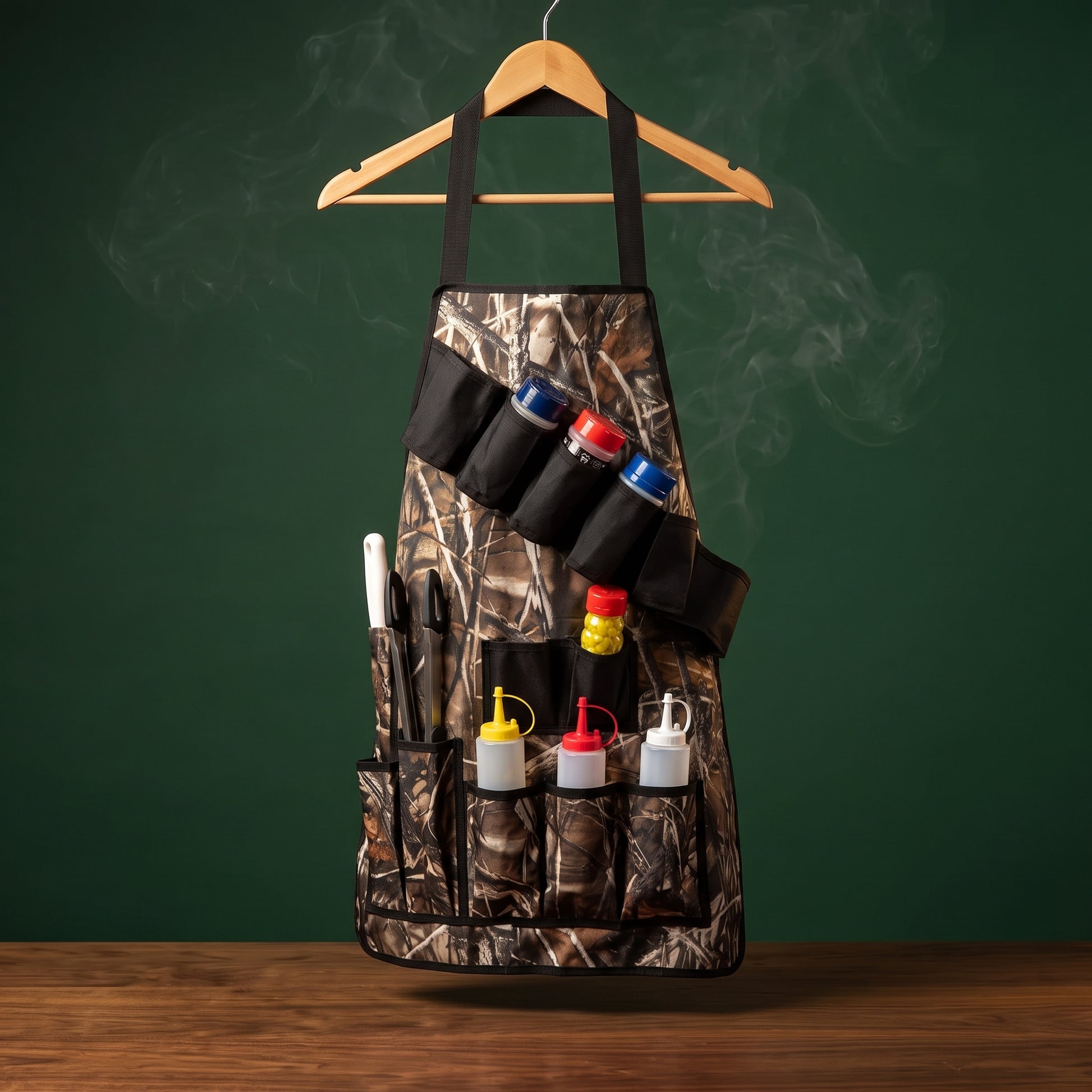 Operator camo utility apron with pockets on a wooden hanger, Big Ron BBQ catalog