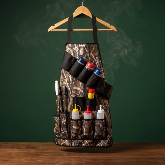 Operator camo utility apron with pockets on a wooden hanger, Big Ron BBQ catalog