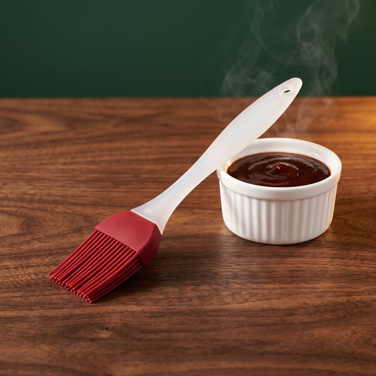Saucier red silicone basting brush with barbecue sauce on a walnut table, Big Ron BBQ catalog