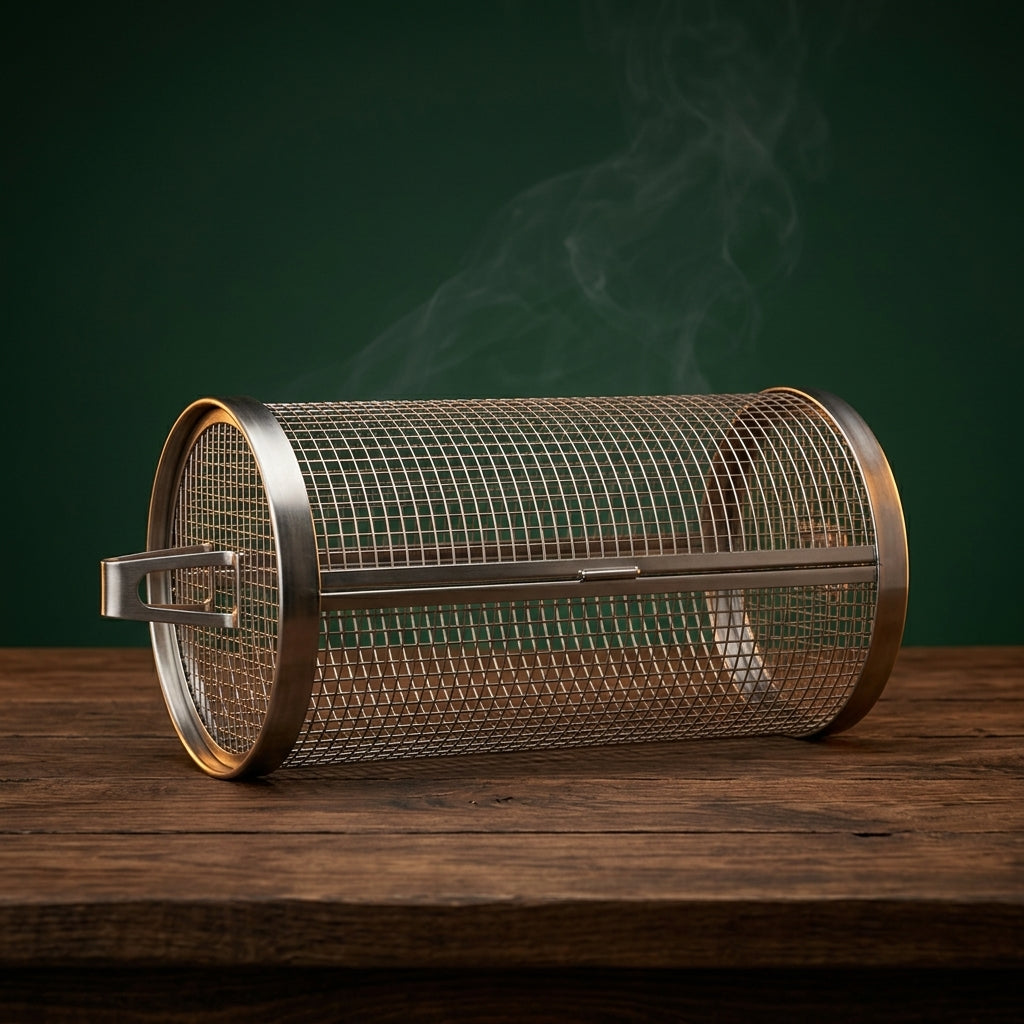 Tumbler rolling grill basket on a walnut table, Big Ron BBQ catalog