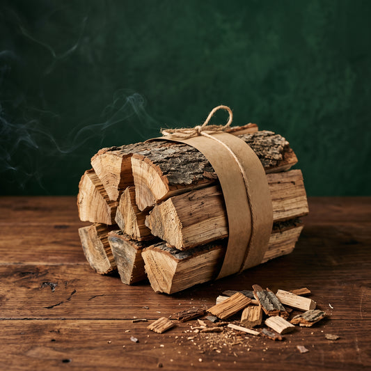 The Log Pile hickory smoking wood chunks on a walnut table
