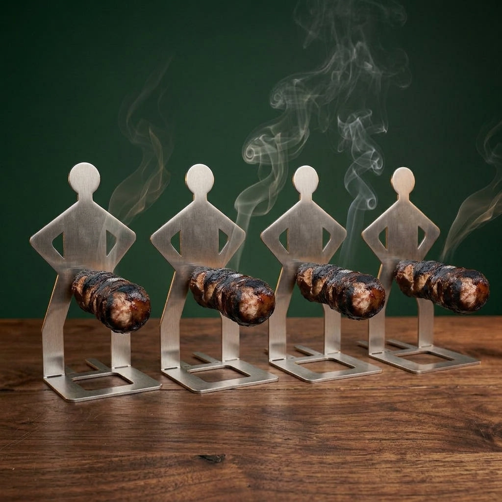 Four Big Ron sausage holders in a row on a walnut table, 4 pack squad
