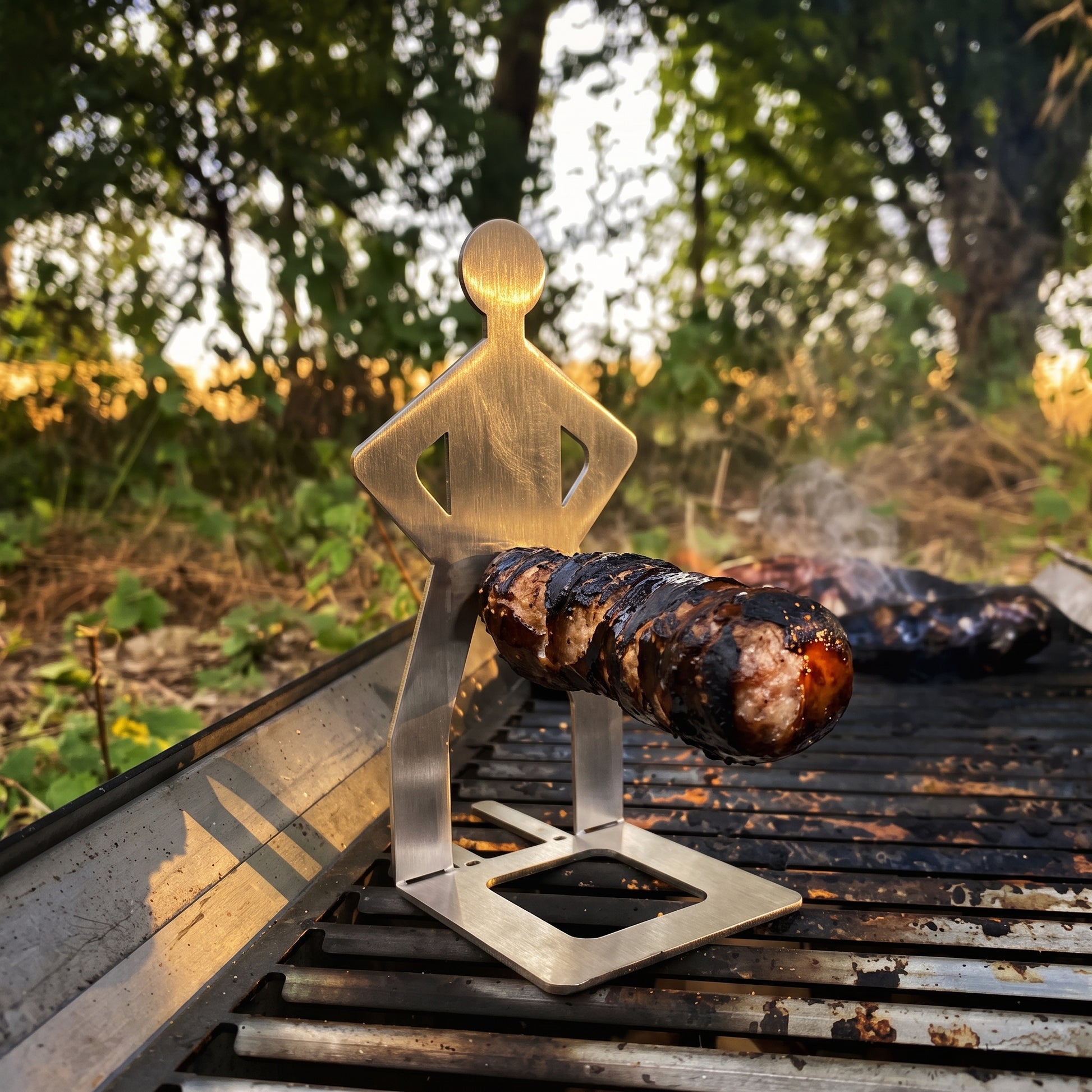 Big Ron stainless steel sausage holder standing on a grill holding a bratwurst