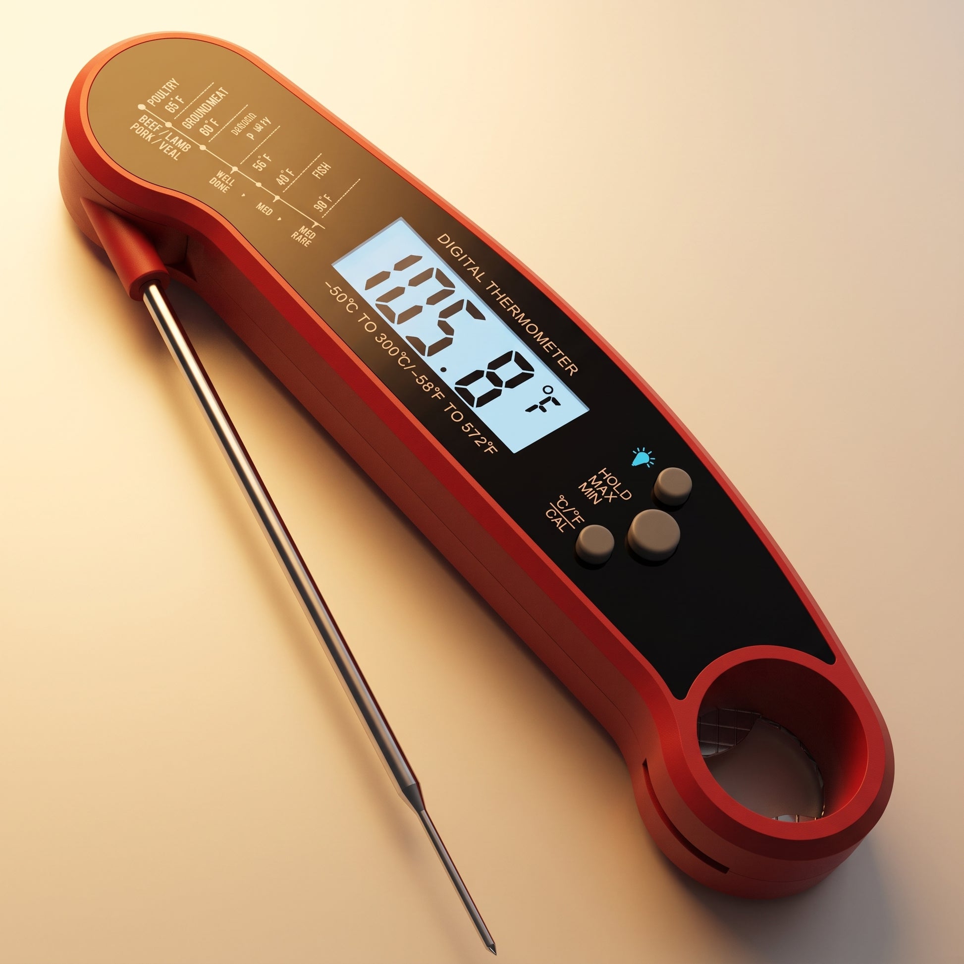 Instant read digital meat thermometer with fold-out probe, backlight, and bottle opener
