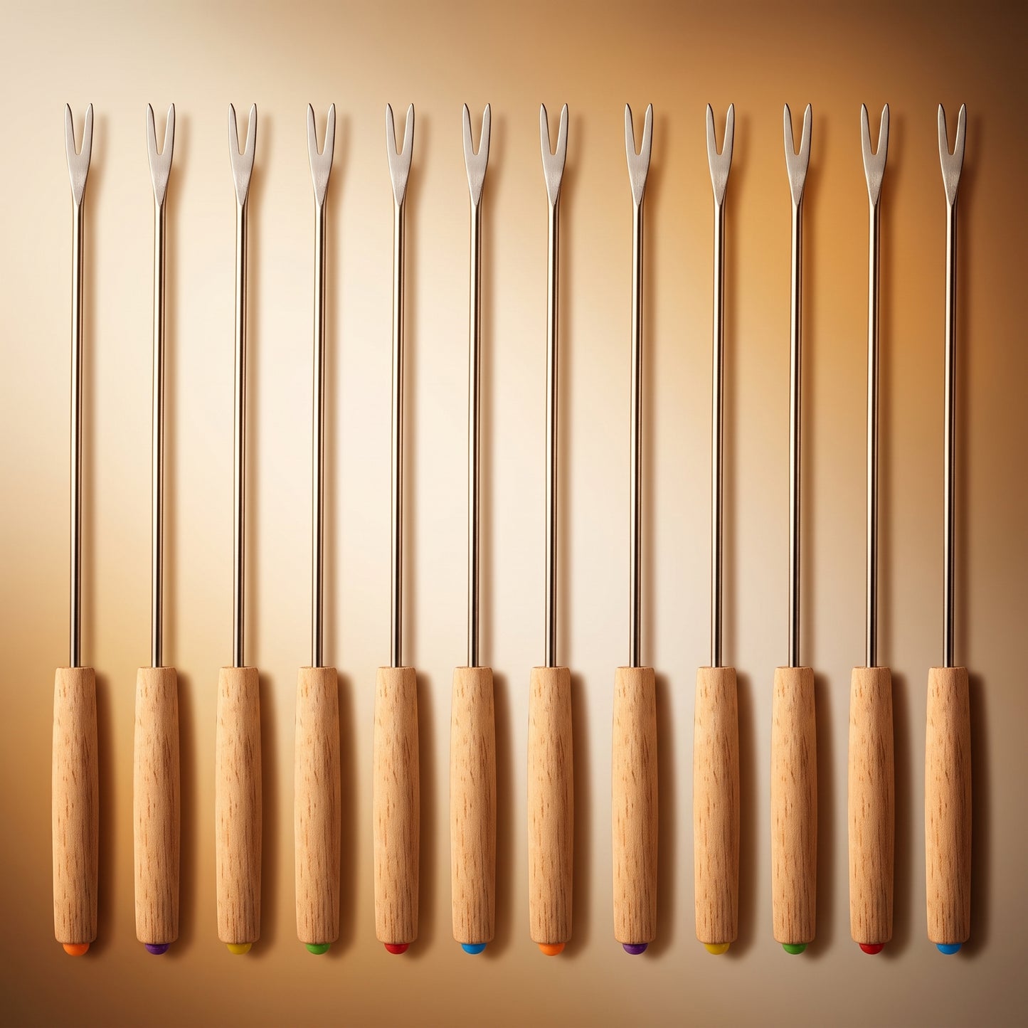 Twelve stainless steel skewer forks with wooden handles