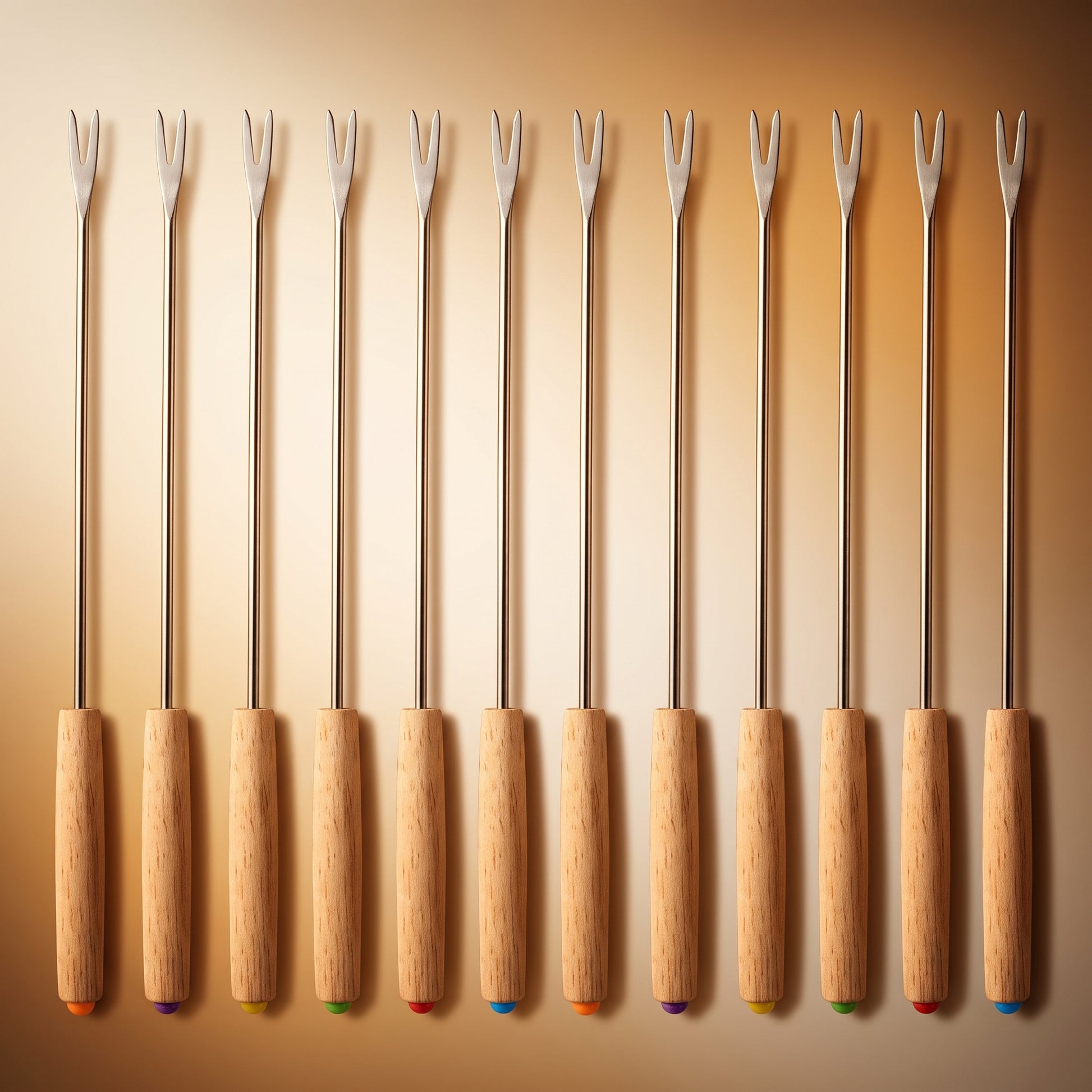 Twelve stainless steel skewer forks with wooden handles