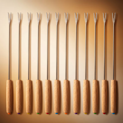 Twelve stainless steel skewer forks with wooden handles