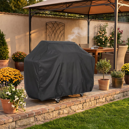 Black heavy duty waterproof grill cover on a patio