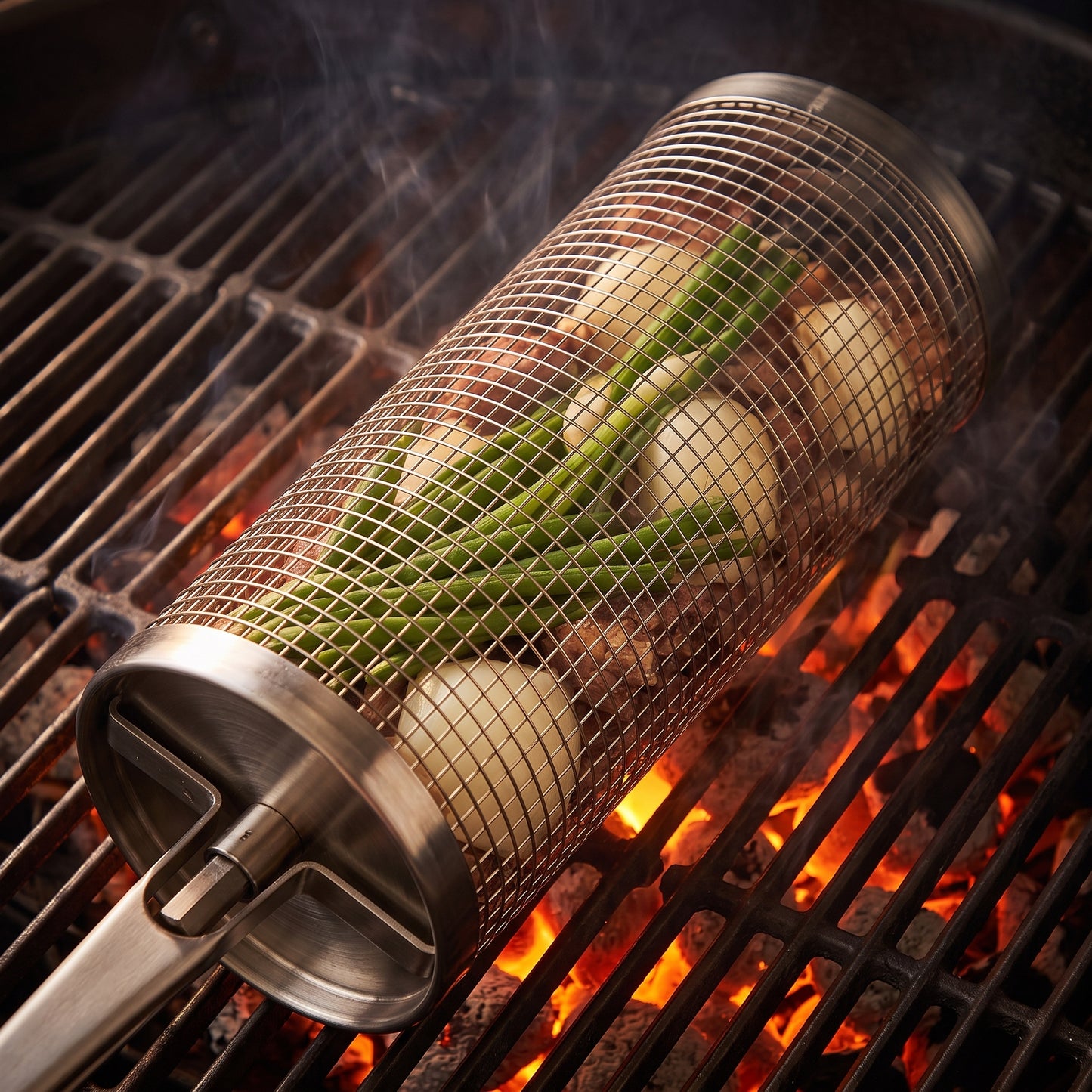 Rolling grill basket cooking vegetables over open fire