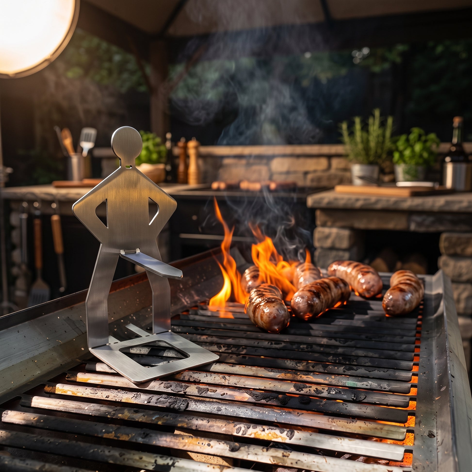 Big Ron BBQ sausage rack standing on a charcoal grill with sausages cooking behind him
