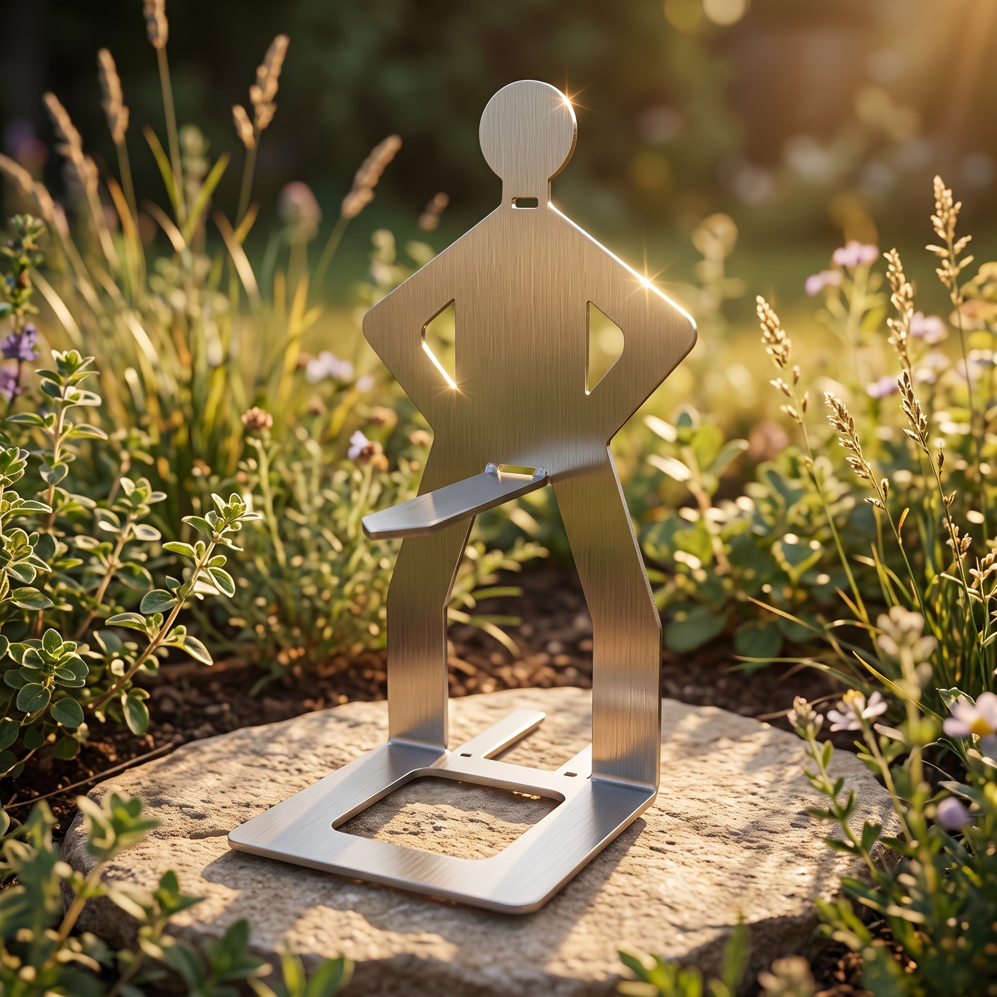 Big Ron stainless steel grill figure standing outdoors with his fold-out sausage shelf