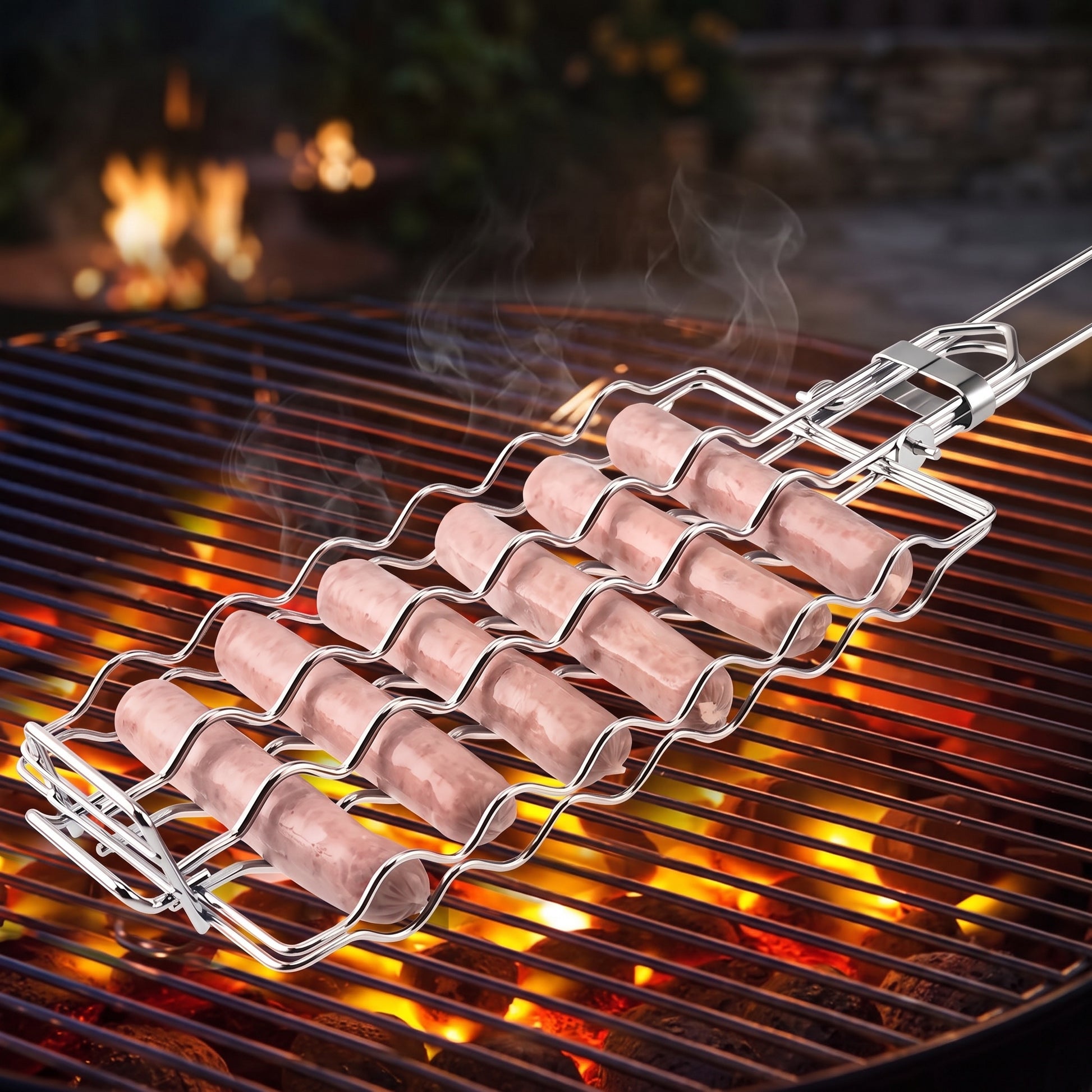 Stainless steel sausage grilling basket holding six sausages over a charcoal grill