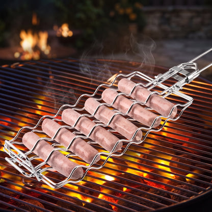 Stainless steel sausage grilling basket holding six sausages over a charcoal grill