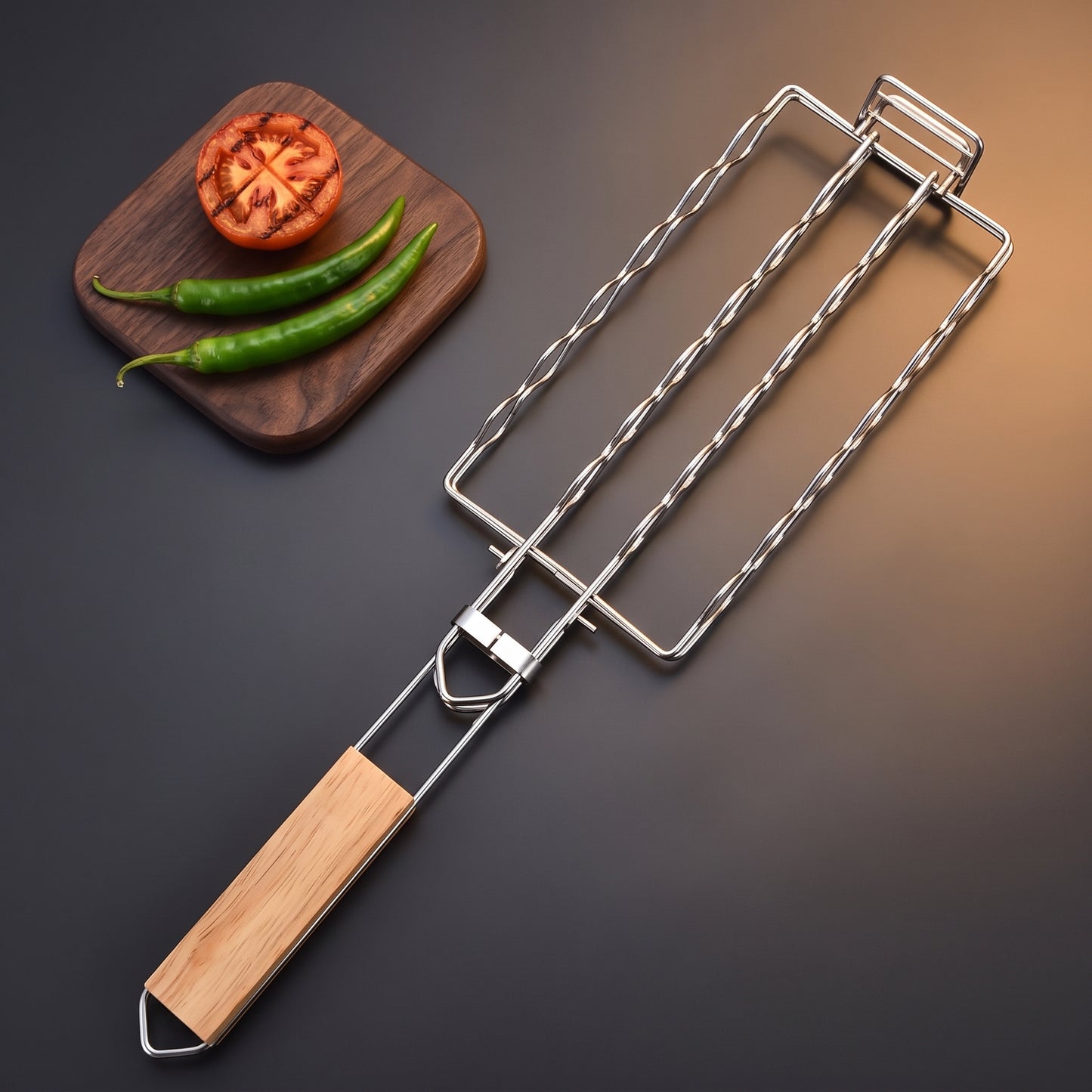 Folding stainless steel grill net with rubberwood handle