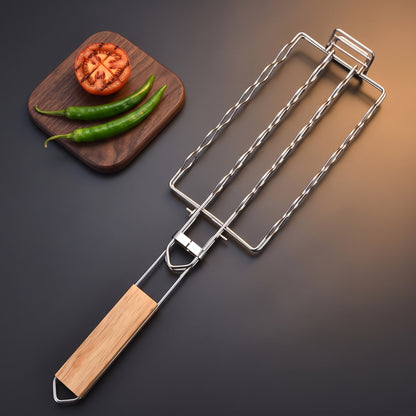 Folding stainless steel grill net with rubberwood handle